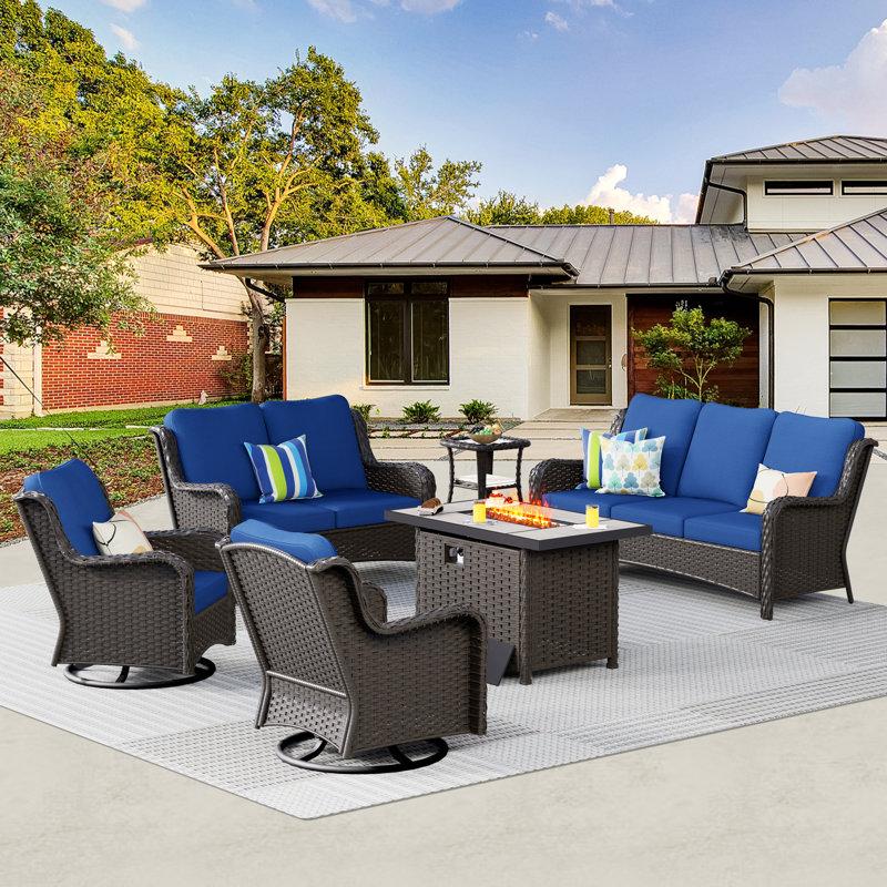 Wicker 8 - Person Patio Conversation Set with Cushions, Navy Blue, 25.2" H x 42.13" W x 25.98" D, Brown