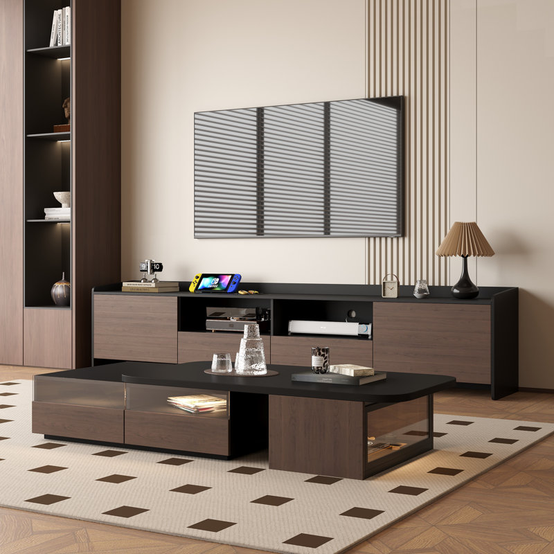 Tv Stand For Tvs Up To 85'', Living Room Cabinet Set Includes Tv Stand And Extendable Coffe Table With Storage Drawers And Cabinet