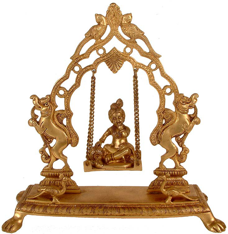 Brass Bala Gopala on the Swing Statue, 13 in. Tall     Hindu Devotional Figurine for Home Altar & Meditation Room