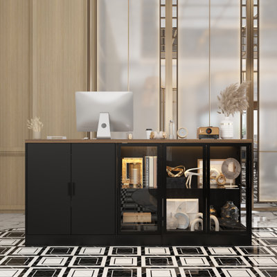 Comptoir de réception moderne avec présentoir en verre trempé, éclairage à DEL, rangement spacieux et glissières en métal, armoire d'entrée moderne avec tiroirs spacieux