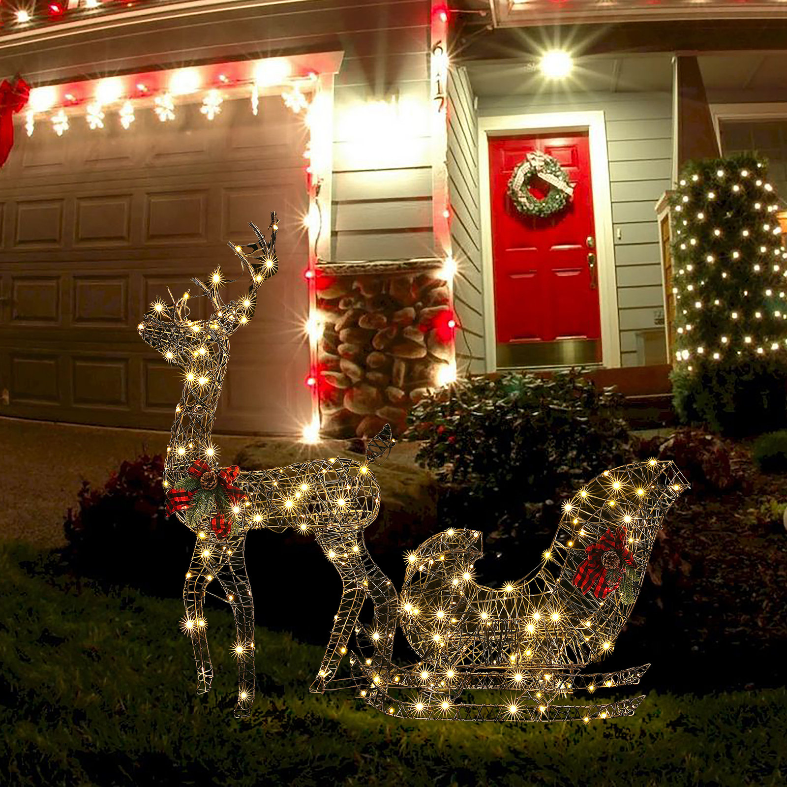 Reindeer and Sleigh Holiday Lighted Display Set