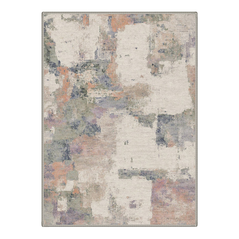 Tapis ivoire / rose lavable à la machine avec envers antidérapant, Rectangle 6' x 9'