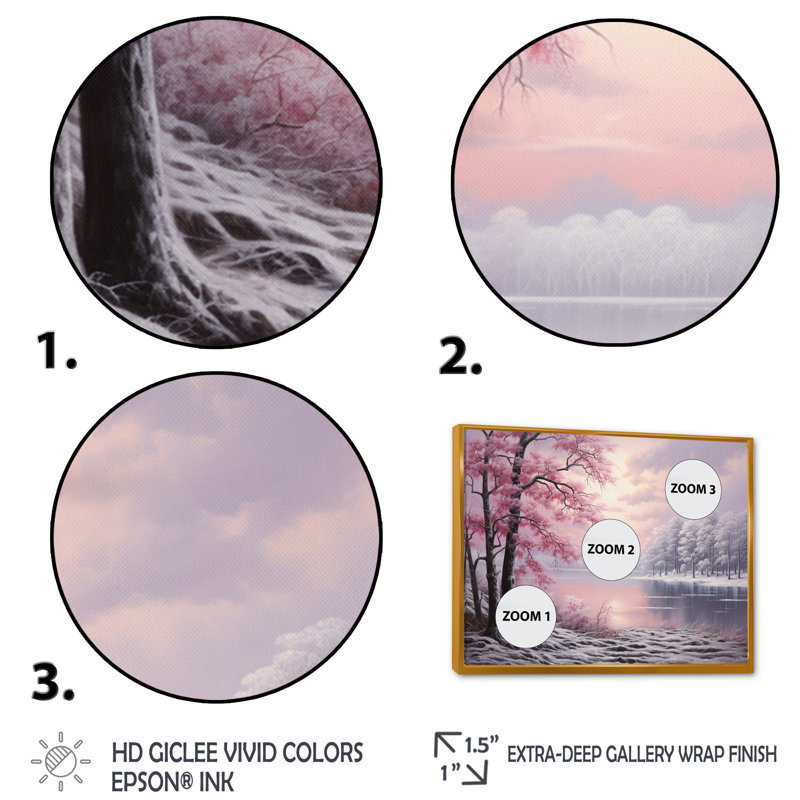 «Pink Winter Trees By The Riverside», reproduction sur toile, H 12 po x l 20 po x P 1 po, Cadre flottant doré