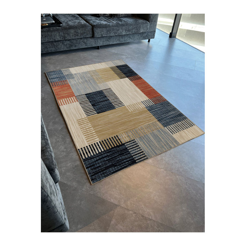 Tapis décoratif beige moderne à rayures carrées mélangées lavable à la machine, Rectangle 2 pi 6 po x 4 pi 11 po