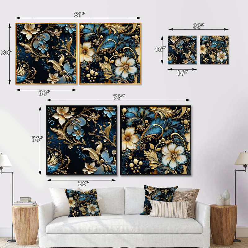 Raquel - Ensemble de 2 collages carrés floral et botanique, Cadre flottant noir, H 16 po x l 33 po