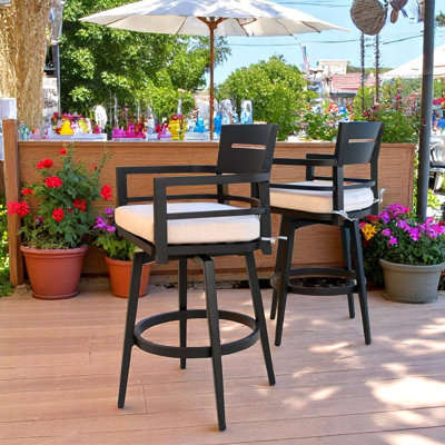 High-End Luxury Aluminum Outdoor Swivel Patio Bar Stools with Sunbrella Seat Cushion by Corrigan Studio
