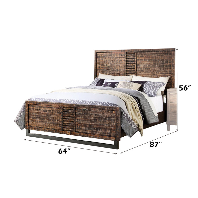 Grand lit au fini chêne récupéré, structure en bois, pieds en métal, 3 lattes, sommier requis, base basse en nickel, capacité de 660 lb, plancher de 6 po, profondeur de 87 po, largeur de 64 po, hauteur de 56 po, lit de 133 lb