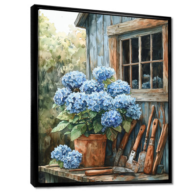 «Eberly Hydrangeas By The Garden Shed» - Art mural hortensias