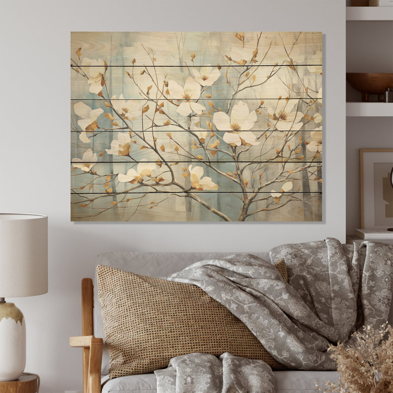 Blanc cornouiller Blossom Dreams I - art mural en bois de cornouiller sur bois de pin naturel, H 24 po x l 32 po