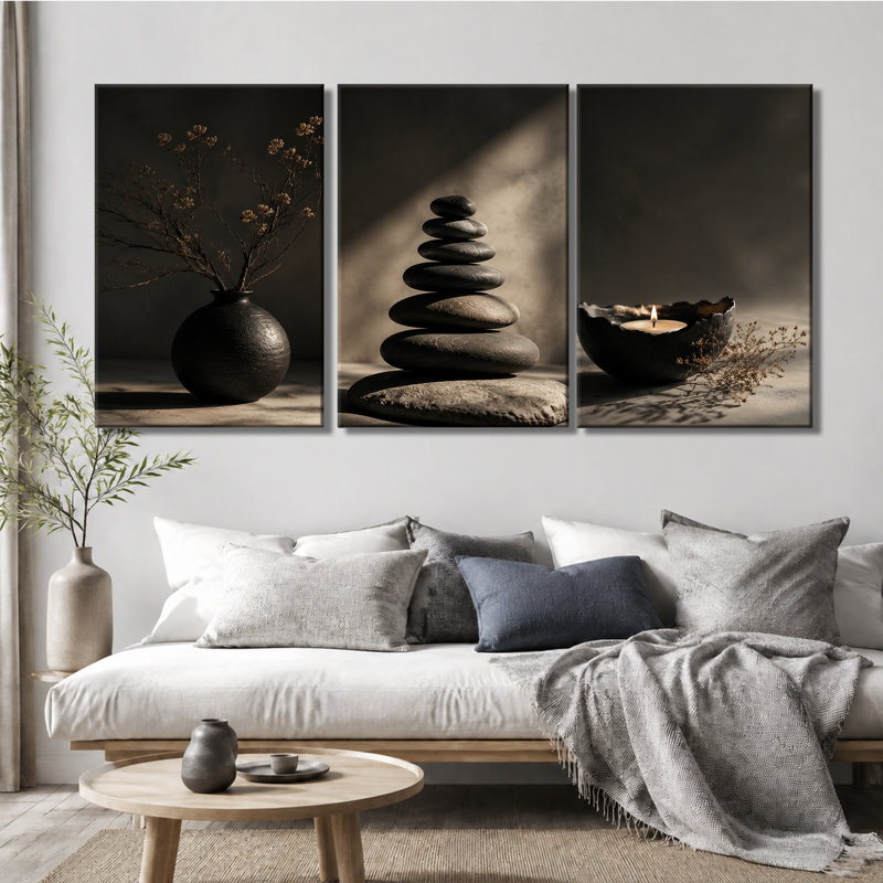 3 panneaux muraux Zen Stone Still Life, reproduction d'art sur toile tendue pour le salon, 12 * 18 pouces * 3