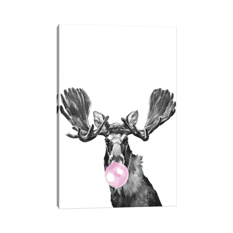 Bubblegum Moose Black And White by Big Nose Work - Wrapped Canvas Painting