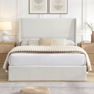 Brizo  Chenille Fabric Upholstered Platform Bed With Tall Wingback Headboard And Wood Slats Support