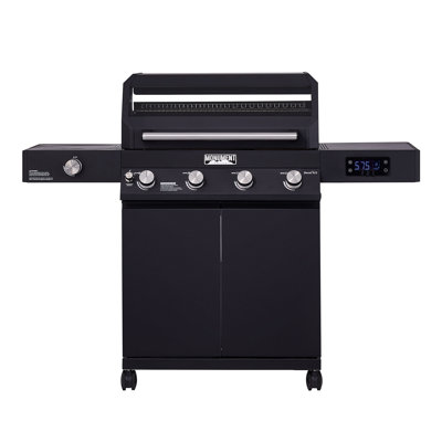 Monument Grills Denali 425 4-Burner Black Propane Gas Grill with ClearView Lid, Side Burner, Bluetooth App Control & LED Display – Ideal for Family BBQs