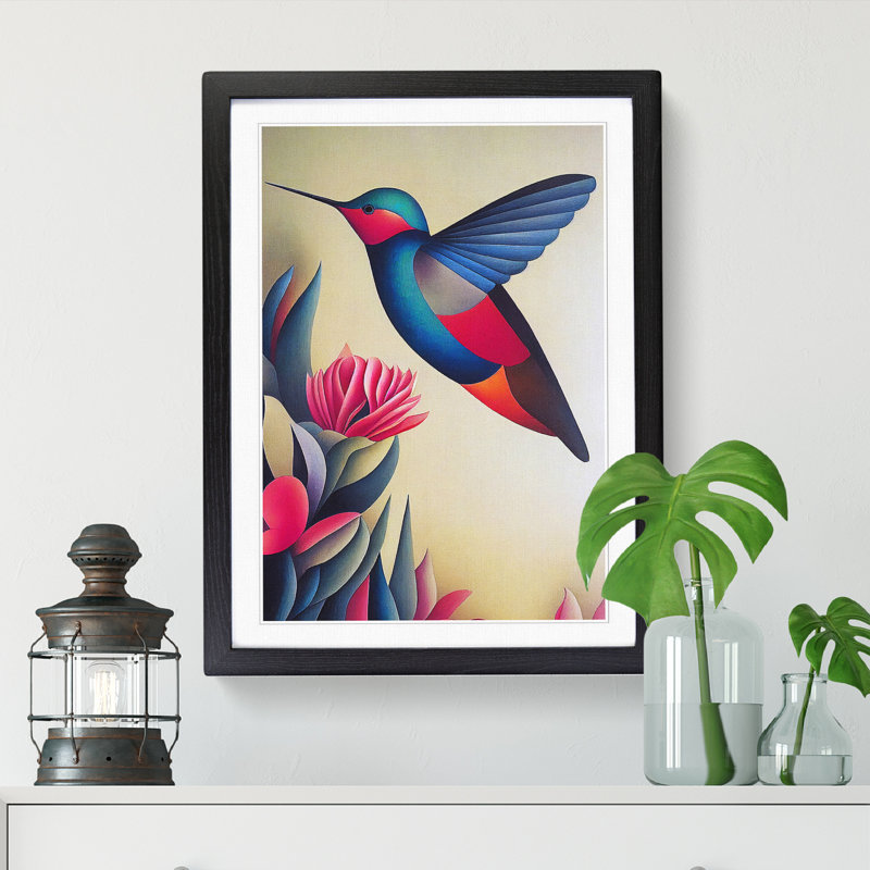 Aalke Hummingbird Retro Art - Picture Frame Print, Black, 64cm H x 46cm W x 2cm D