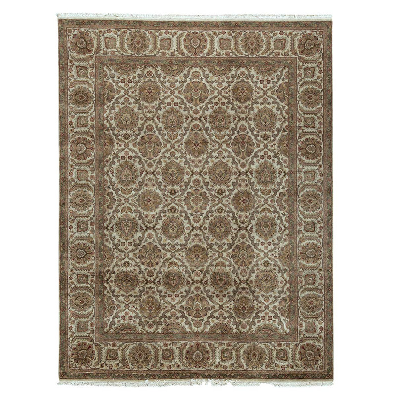 Tapis beige / gris en laine noué à la main de conception unique 8 pi 11 po x 11 pi 8 po