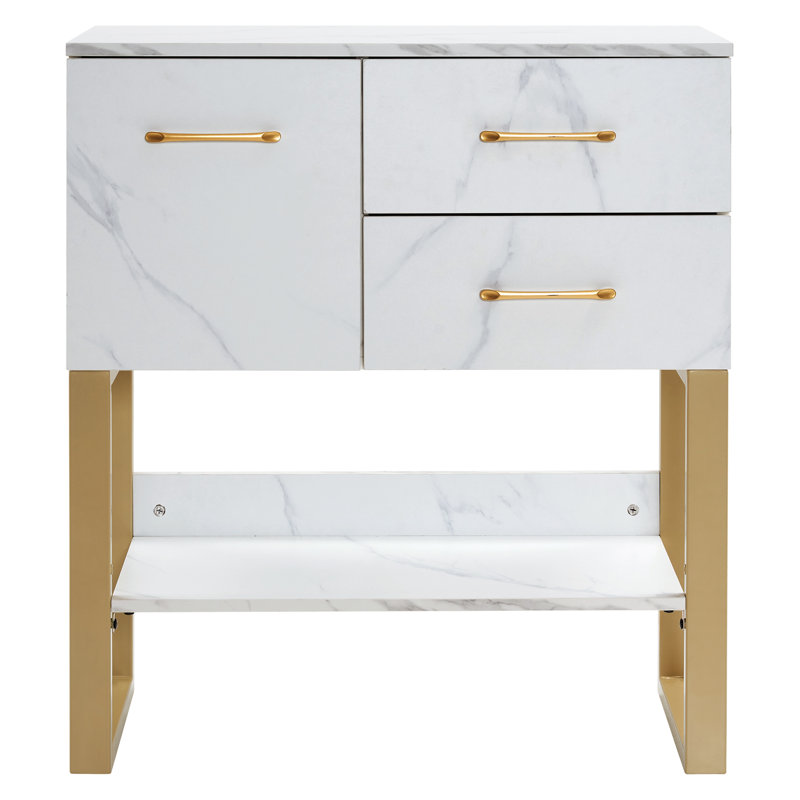 Console Quintonio avec tiroir, armoire de rangement et tablette moderne, Blanc, Doré