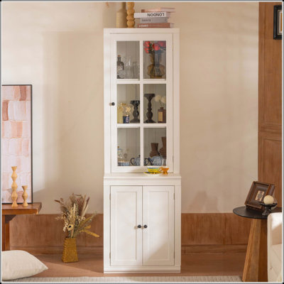 Grand garde-manger autoportant de 75,25 po avec porte vitrée et fenêtre en treillis, armoires de présentation de ferme avec rangement, huche avec porte à double action LH&RH pour les couloirs, la cuisine et le bureau, blanc