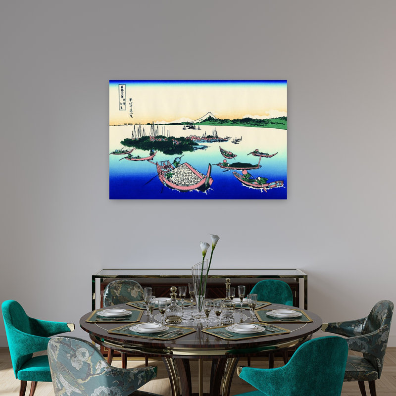Tsukada Island In The Musashi Province Classic Traditional Abstract Coastal Landscape Wall Art Print by Katsushika Hokusai - Wrapped Canvas Print