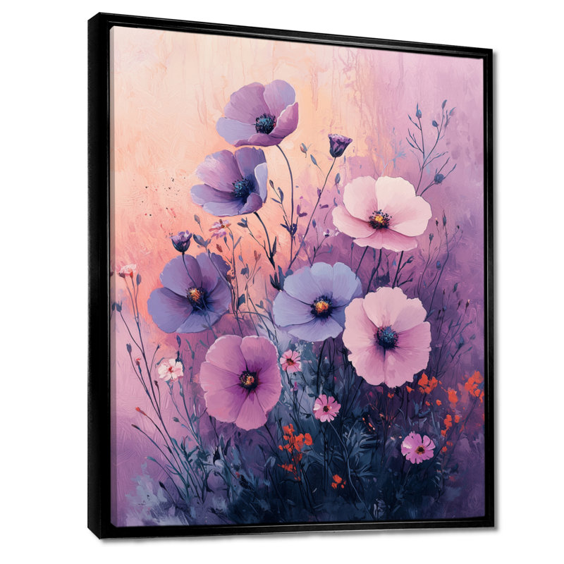 Wildflower Dreams In Violet Surréalisme I - Art mural fleurs sauvages, Noir, Reproduction avec cadre flottant