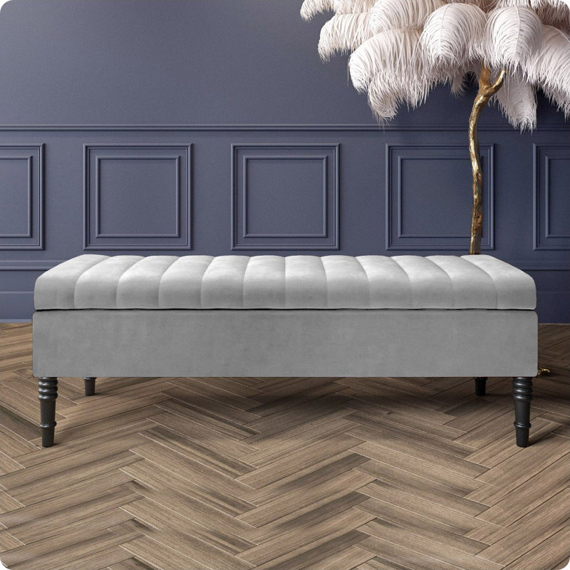 Safar Striped Ottoman Storage Bench – Upholstery Plush Velvet Shoe Bench with Black Turned Wooden Legs, Silver