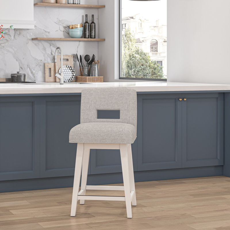Villeneuve Wood Upholstered Key Back Adjustable Swivel Stool, Oatmeal Seat/Pure White Frame