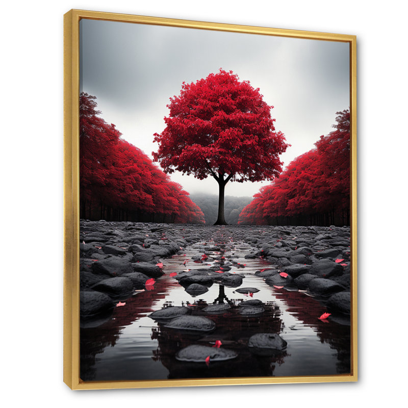 Rouge et gris forêt sérénité - art mural forêt, H 32 po x l 16 po x P 1 po, Cadre flottant doré
