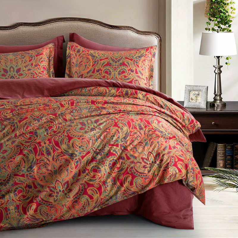 Red and Gold Paisley Duvet Cover Set - Twin Size, Twin Duvet Cover + 1 Twin Sham