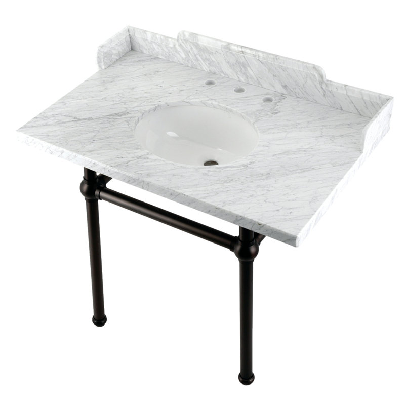 Kingston Brass Pemberton 36-Inch Carrara Marble Console Sink with Brass Legs (8-Inch, 3-Hole), Marble White/Oil Rubbed Bronze
