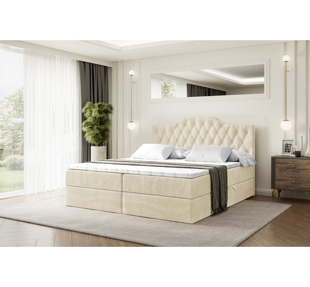 Boxspringbett Ahsun mit H4 Multipocket-Matratze, Bettkasten und Topper