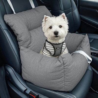 Dog Booster Car Seat Bed for Small Dogs Up to 18 LB, Portable Elevated Puppy Travel Car Seat with Tether & Reversible Cushion, Grey, Usable on Front & Back Car Seats