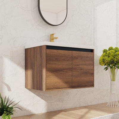 30" Single Floating Bathroom Vanity With Resin Basin Sink Top, Wall Mounted Bathroom Vanity With 2 Doors