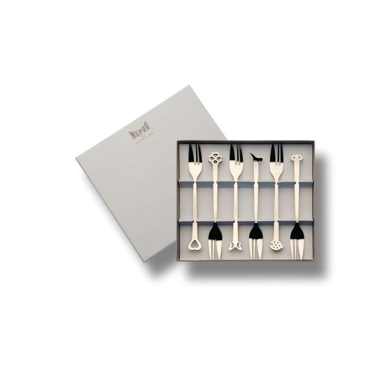 Evento Stainless Steel Cake Fork Set with Fun Designs, 6 Pieces