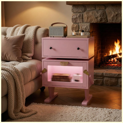Table de bout robot 20,7 "de large avec DEL rose avec tiroir rotatif à 360 °, table de bout moderne pour la chambre à coucher