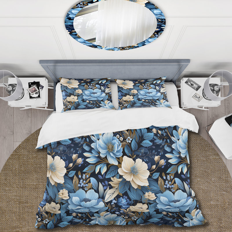 Ensemble de housse de couette Blue And Beige Peonies Boho Pattern II, Housse de couette pour très grand lit et 2 très