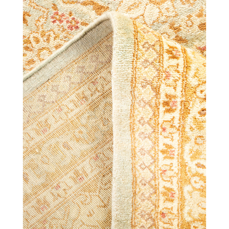 Tapis jaune en laine noué à la main de conception unique 8 pi 1 po x 10 pi 4 po Ohlone