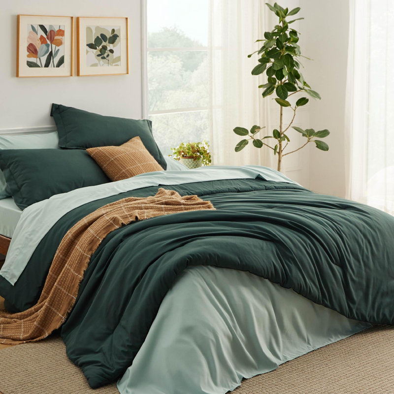 Bedsure Twin Comforter Set - 5 Pieces Forest Green Twin Bedding Set for All Seasons, Boho Contrasting Design Bed in a Bag with Comforter, Sheets, Pillowcase & Sham