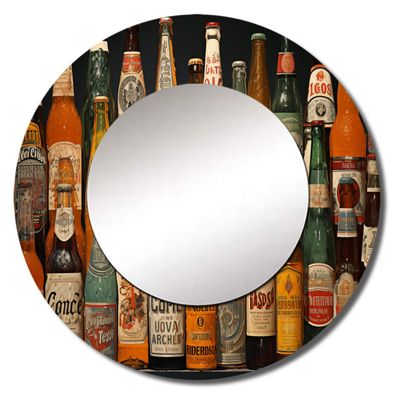«Beer Bottles Collage VIII - Miroir mural unique en forme de bière, miroir rond traditionnel, impression sur métal