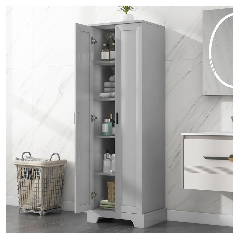 Armoire de rangement de salle de bain grise avec tablette réglable, armoire de rangement à deux portes pour salle de bain et bureau, armoire de rangement en panneau de fibres à densité moyenne avec dispositif anti-basculement