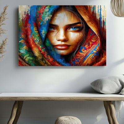 Impression sur toile colorée avec des yeux bleus et une écharpe brillante pour le salon, la chambre à coucher, le bureau, le couloir, l'entrée, le mur de la galerie et la décoration moderne