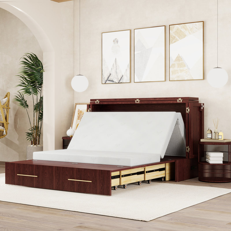 Grande armoire-lit escamotable en bois massif avec tiroir de rangement, station de charge intégrée, fini cerisier (matelas inclus)