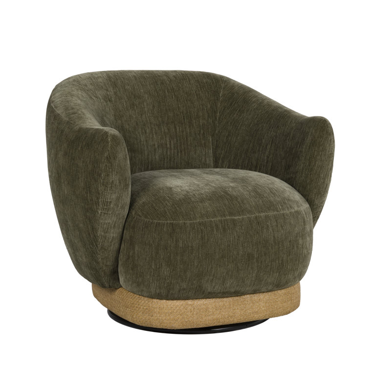 Fauteuil pivotant moderne avec accoudoirs enveloppants évasés, assise profonde rembourrée et base ronde à plusieurs niveaux