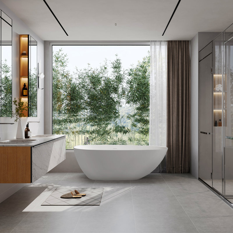 67" x 34" Freestanding Soaking Solid Surface Bathtub, White