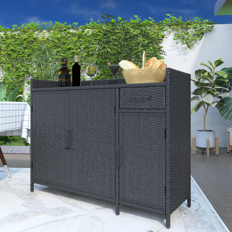 Armoire de rangement d'extérieur en osier avec bureau en verre trempé, Noir