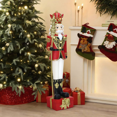 Statue de soldat Casse-Noisette traditionnelle de 1,20 m avec sceptre sur socle en boîte-cadeau, décoration de Noël en oxyde de magnésium préilluminée