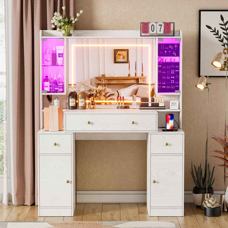 Grand bureau de maquillage avec miroir et lumières, ensemble de coiffeuse avec station de charge, table de maquillage avec 3 modes d'éclairage à DEL et tiroirs
