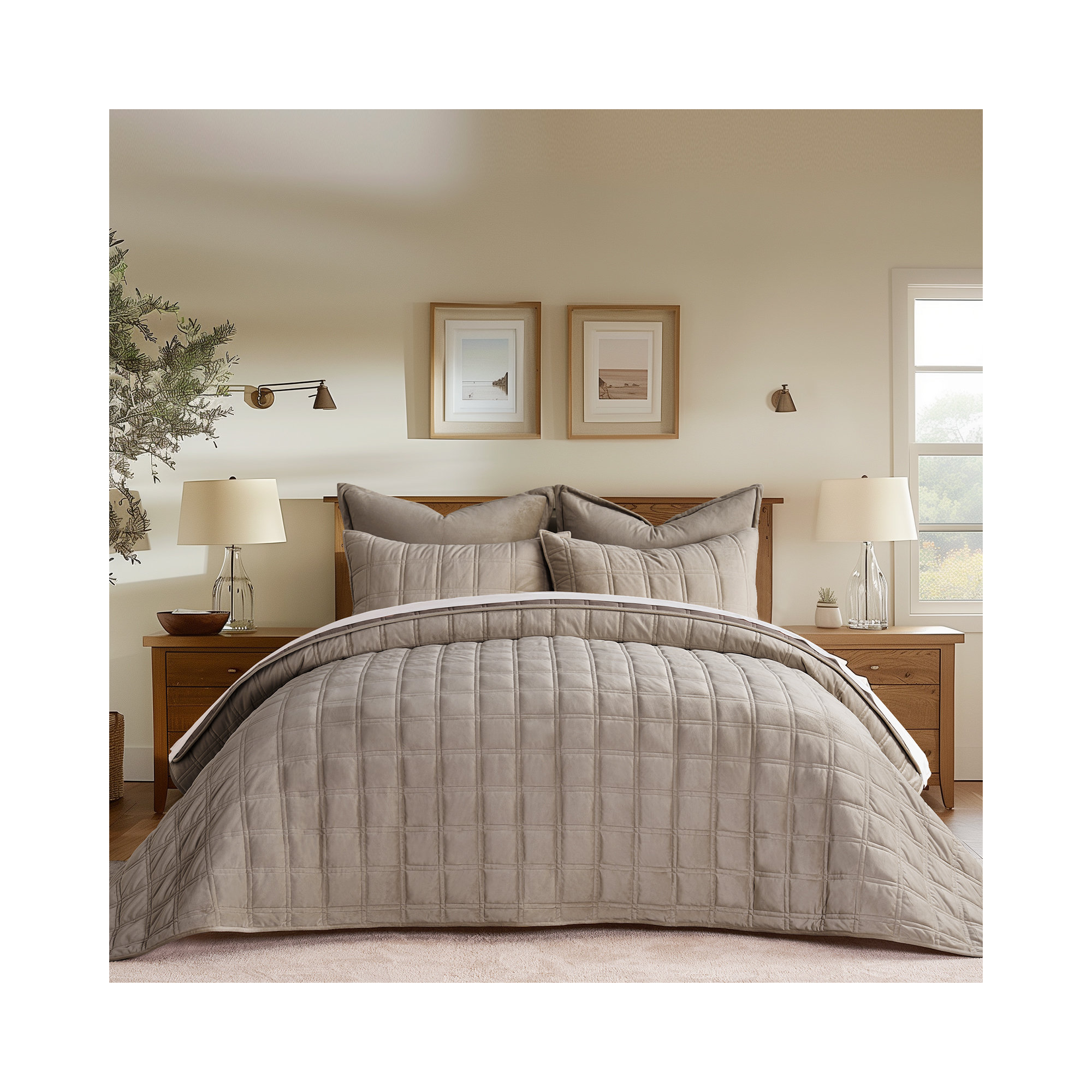 Double Box Stitch Velvet Quilt set, Mocha Brown, King Quilt + 2 King Shams