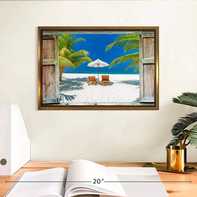 Fenêtre sur la côte des Maldives, Cadre flottant doré, 13 po x 9 po