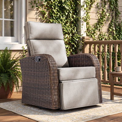 Outdoor Wicker Swivel Chair with Adjustable Backrest & Footrest, 360° Rotation, Thick Cushion & Flip Side Tray