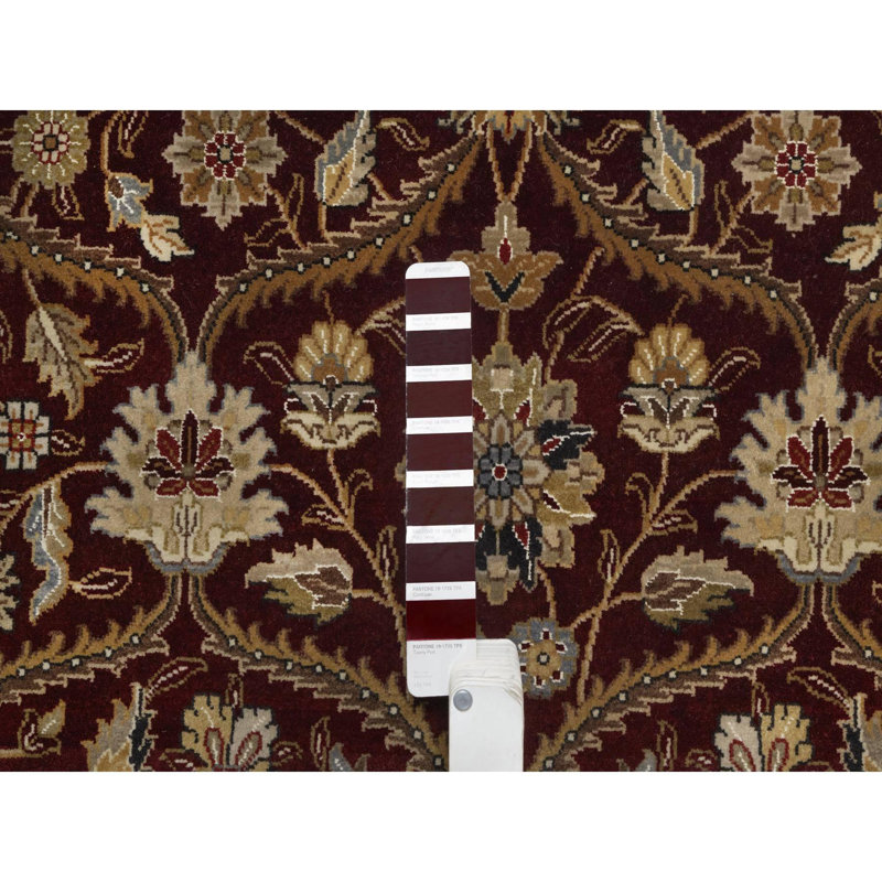 Tapis oriental rond 8 pi 1 po x 8 pi 1 po, rouge, en laine et en soie, noué à la main, 300 KPSI