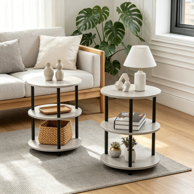Petit ensemble de 2 tables de bout rondes à 3 niveaux avec design rétro industriel, table de chevet robuste pour la chambre à coucher, le salon ou les petits espaces